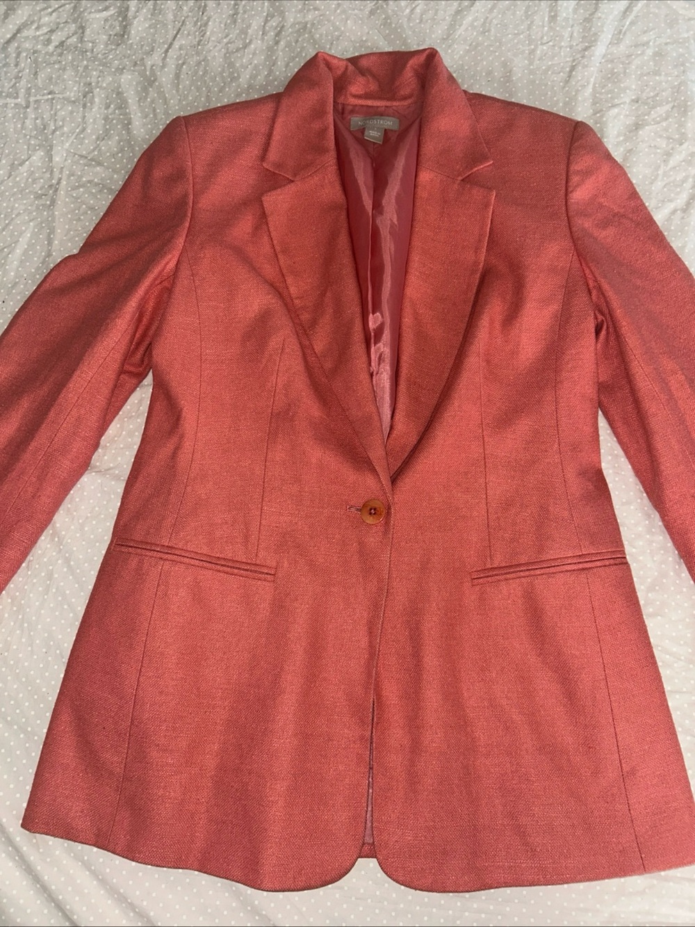 Vintage Nordstrom Coral 100% Silk Textured Open Blazer Jacket Size 4